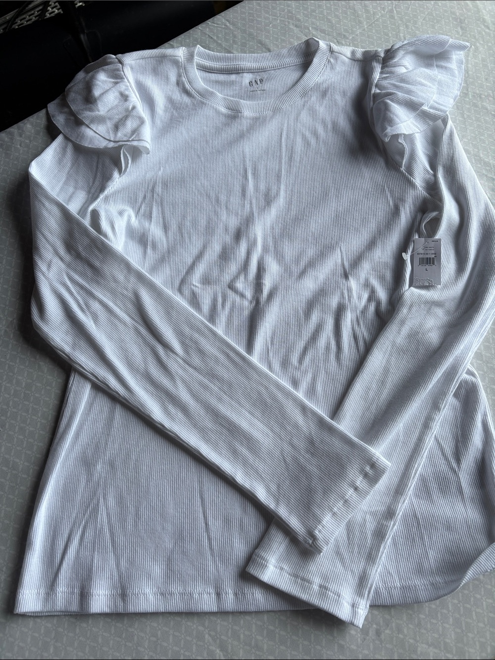 GAP White Ribbed Long-Sleeve Top with Ruffle Shoulder Detail